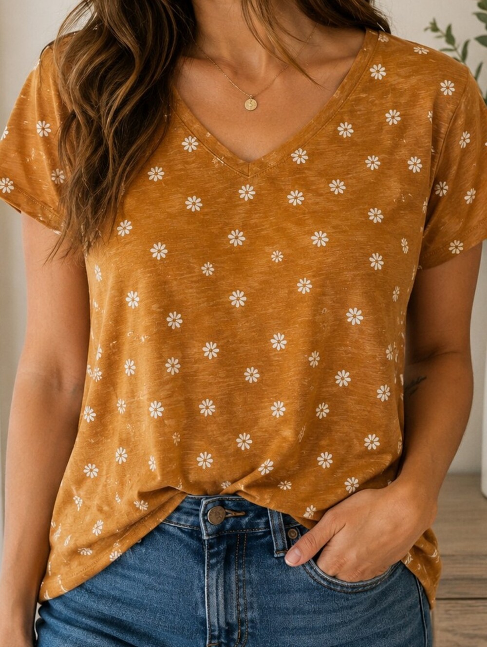 Sonoma Mustard V-Neck Daisy Print Tee